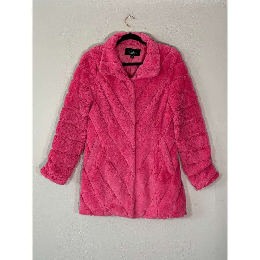 LA Coalition Hot Pink Faux Fur Chevron Coat Jacket Womens‎ Medium Notch Lapel